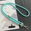 Detail of 8mm tiffany blue braided phone lanyard with silver metal clasp and black patch - 8mm Dual Adjustable / Navy Blue