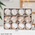 12-pack white Christmas balls with gold glitter stripes and sequins in a display box - 12 Pcs/Set / White