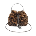 Trendige Eimer-Tasche mit Leopardenmuster aus Kunstpelz, Silbergriff und Kette - Khaki