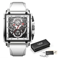 Montre chronographe LIGE carrée créative avec bracelet en silicone blanc et coffret cadeau - Blanc