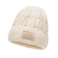 Berretto invernale beige in maglia a trecce con toppa in pelle e fodera calda - Regolabile / Beige