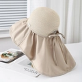 Women's foldable straw sun hat with large brim, neck protection, and a khaki bow knot - M (56-58cm) / Khaki