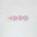 Detail of three embroidered pink and blue yarn flowers on a fabric-covered hair clip - Pink and Light Blue