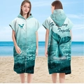 Teal gradient microfiber hooded surfing poncho with whale print and full zipper - Sleeveless Zipper Style - Whale Tail