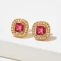 Elegant gold square stud earrings with pink cushion-cut gem and white diamond halo - Golden Square Pink Stone Style (KDE1164)