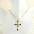Gold cross necklace with colorful micro-paved zircons and twisted rope chain design - Gold / Multi-color (NE2037-A)