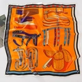 French vintage orange silk scarf with luxury horse harness chain print and plaid border - Orange Saddle