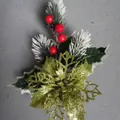 Christmas pine needle pick with red berries and glitter leaves for DIY holiday decor - Green
