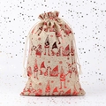 Large cotton drawstring gift bag with red metallic Christmas gnome and snowflake patterns - Natural Linen Red Gold Santa Claus
