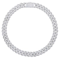 Macro shot of 15mm silver Cuban chain featuring sparkling full rhinestone pavé on white background - Silver 46cm Necklace
