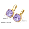 Detail view of 14k gold plated earrings with large 13.5mm square purple crystal stones - Purple