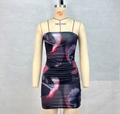 Detail of the bodycon mini dress showing red flame print and ruched side texture - S / Black