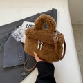 Brown lamb wool plush crossbody bag with leather strap and double zipper closure - No Pendant / Brown