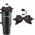 Sparkly black sequin bow straw topper with matching cap for tumbler accessories - Black