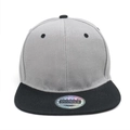 Detail of grey and black snapback hat with holographic silver quality sticker on brim - Black Brim Light Gray Hat