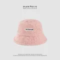 Plush pink lamb wool bucket hat featuring a soft faux fur texture and embroidered letter logo - M (56-58cm) / Pink