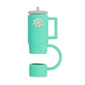 Green 10mm silicone straw cover set with handle and pink flower charm decoration - Green Mini Cup (3)