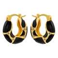 Detailed macro view of gold irregular lava hoop earrings with black enamel and zircons - Black