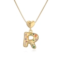18K gold plated heart necklace with colorful zircon letter R pendant on white background - Letter R