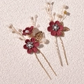 Elegant pair of red fabric flower hair pins with gold leaves, pearls and rhinestones - 1 Pair Hairpins / Red