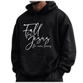 Black fleece hoodie with white Fall for Jesus letter print and front kangaroo pocket - S / Tops / Black (Fall for Jesus)
