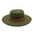 Detail of dark green wool felt boater hat with brown leather strap and metal rivets - M (56-58cm) / Army Green