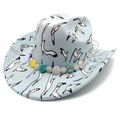 Detail of light blue cowboy hat with seagull prints and colorful rainbow bead band - Flat Top Light Blue