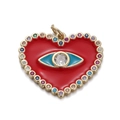 Detailed view of a gold heart evil eye pendant with red enamel and colorful zircon stones - Red Rainbow Heart Evil Eye