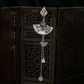 Detailed silver folding fan brooch with tassels and bells on a vintage screen - Z246-3 Fan Butterfly Tassel