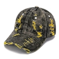 Distressed dark grey washed denim baseball cap with yellow frayed holes and curved brim - Yellow Details (#7)