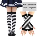 Kids black and white striped accessory set with over-knee socks and arm warmers - Black & White Thin Stripes