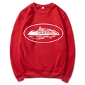 Men's red crewneck sweatshirt with a white architectural silhouette print on the chest - Red