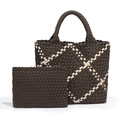 Brown and white geometric woven tote bag with matching inner pouch set - Chocolate