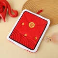 Red coral fleece hand towel with golden Fa character embroidery and hanging loop design - Red Envelope