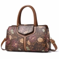 Fashionable brown leather Boston bag with vintage floral embossing and dual handles - Brown Vintage Embossed Style 4
