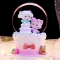 Cake-shaped musical snow globe with cartoon dog and cat figures and pink ribbon decor - Large 100mm Inner Rotation + Snow / Pink White