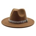 Detailed texture of brown wool fedora hat featuring a sparkling crystal rhinestone band - Light Coffee