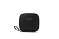 Black woven PU leather travel makeup bag with wrist strap and metal logo plaque - Sanitary Pad Bag / Black