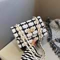 Chic black and white tweed crossbody bag with houndstooth pattern and golden chain strap - White
