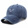 Washed navy blue denim baseball cap with white embroidered heart detail for women - Navy Blue
