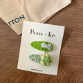 Cute green fabric hair clips set with white rabbit and floral bow for girls - Rabbit + Flower