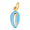Detailed macro view of gold-plated sunflower seed pendant with sky blue enamel inlay - Shell Pendant / Blue