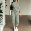 Women's light green casual two-piece set with short sleeve top and drawstring cargo pants - Bean Green