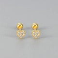 Elegant gold heart screw back earrings with three clear cubic zirconia stones - Heart Screw Stud / Gold