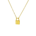 Gold padlock necklace pendant with letter L engraving on polished metal surface - L