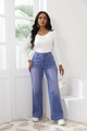 High-waist blue wide-leg jeans paired with a white slim-fit ribbed long sleeve top - S / Light Blue