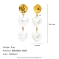 18K gold plated stainless steel flower earrings with white heart pearls and dimensions - Flower Heart Studs - Gold - Ear Clip