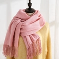Soft pink imitation cashmere scarf featuring long tassels paired with yellow knitwear - Light Pink