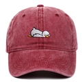 Detail of cartoon duck embroidery on washed cotton vintage style baseball cap - Adjustable / Burgundy