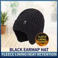 Men's black thick knit winter earflap hat with warm fleece lining and textured pattern - Cotton Thread Single Hat With Ear Protection / Snowflake Logo Ear Protection - Black Single Hat